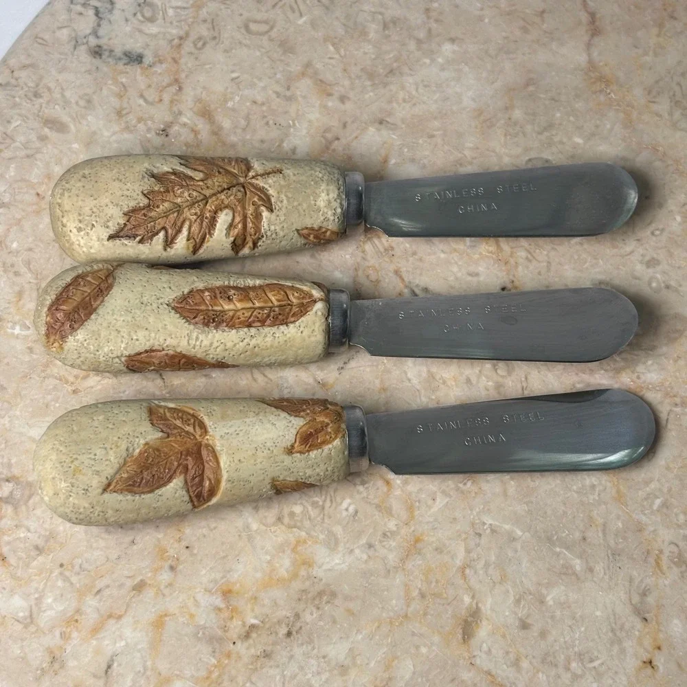 Vintage Butter Spreaders Set of 3 Cream Brown Fall Leaves Resin Handles